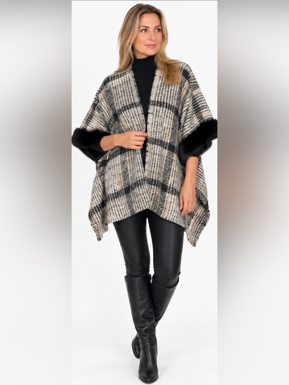 Vince Camuto Plaid Poncho with Faux-Fur Cuff - Beige, Black & Cream